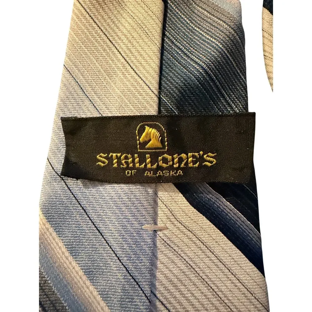 Stallone’s of Nassau Blue Gray Striped Silk Tie Classic‎ Mens Necktie